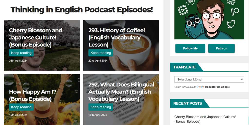 Una imagen de la web de la web Thinking in English, de Tom Wilkinson. 